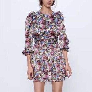 Zara Floral Multicolor Ruched Waist Dress Sz S